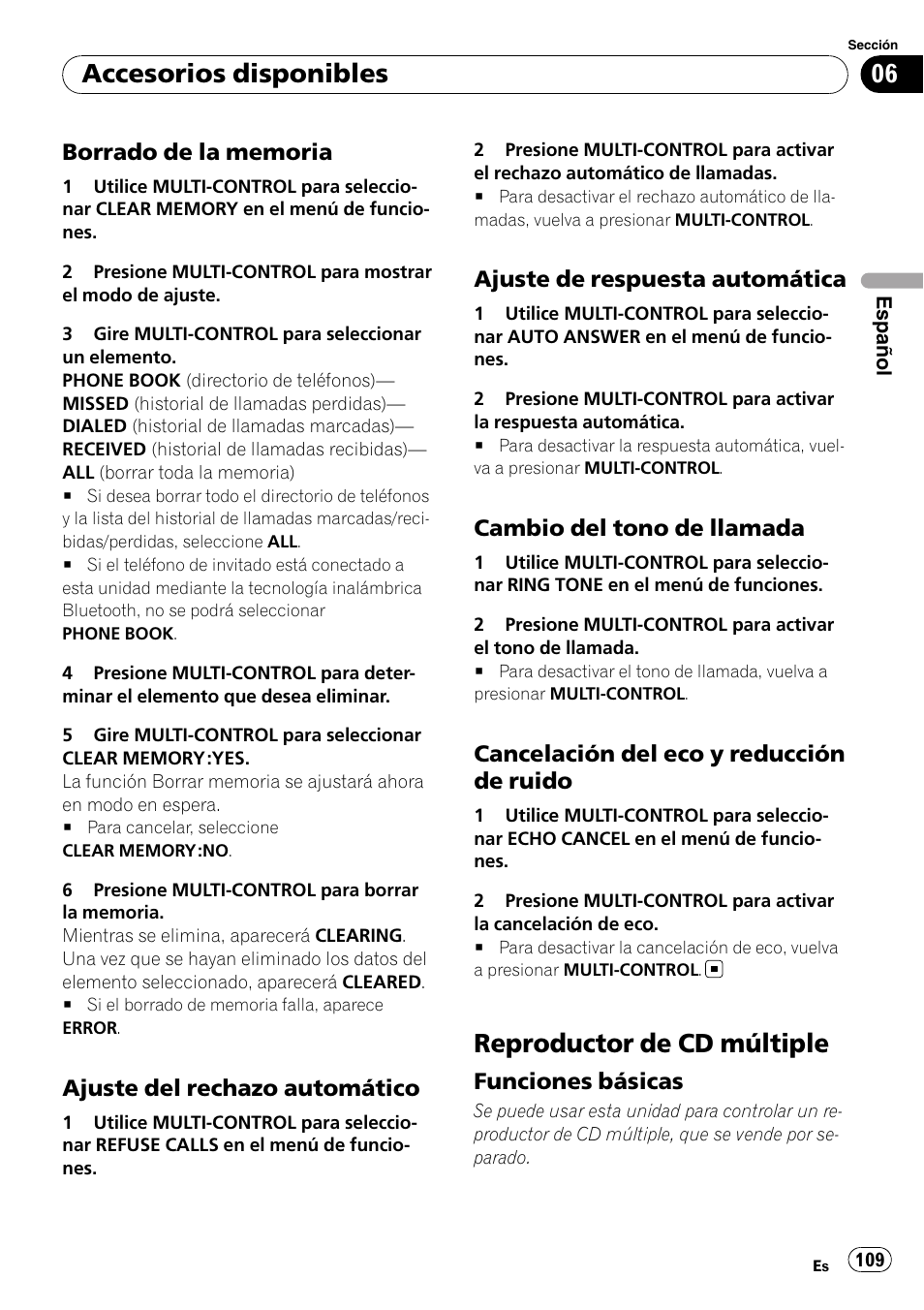 Borrado de la memoria 109, Ajuste del rechazo automático 109, Ajuste de respuesta automática 109 | Cambio del tono de llamada 109, Cancelación del eco y reducción de, Ruido, Reproductor de cd múltiple, Funciones básicas 109, Accesorios disponibles, Ajuste del rechazo automático | Pioneer DEH-P3100UB User Manual | Page 109 / 127