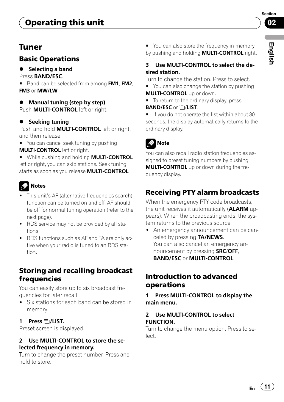 Tuner, Basic operations 11, Storing and recalling broadcast | Frequencies, Receiving pty alarm broadcasts 11, Introduction to advanced, Operations, Operating this unit, Basic operations, Storing and recalling broadcast frequencies | Pioneer DEH-P3100UB User Manual | Page 11 / 127