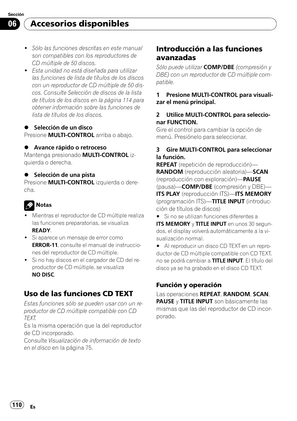 Uso de las funciones cd text 110, Introducción a las funciones, Avanzadas | Accesorios disponibles, Uso de las funciones cd text, Introducción a las funciones avanzadas | Pioneer DEH-P3100UB User Manual | Page 110 / 127
