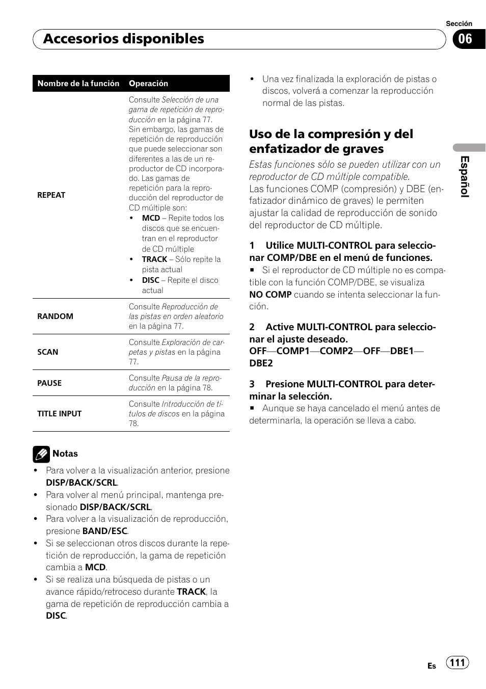 Uso de la compresión y del enfatizador, De graves, Accesorios disponibles | Uso de la compresión y del enfatizador de graves | Pioneer DEH-P3100UB User Manual | Page 111 / 127