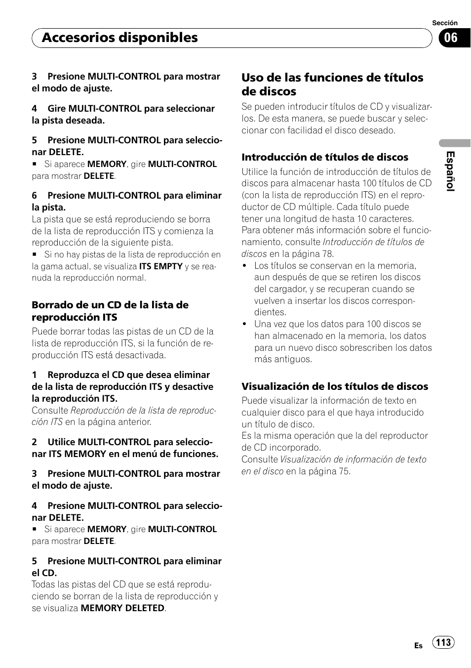 Uso de las funciones de títulos de, Discos, Accesorios disponibles | Uso de las funciones de títulos de discos | Pioneer DEH-P3100UB User Manual | Page 113 / 127