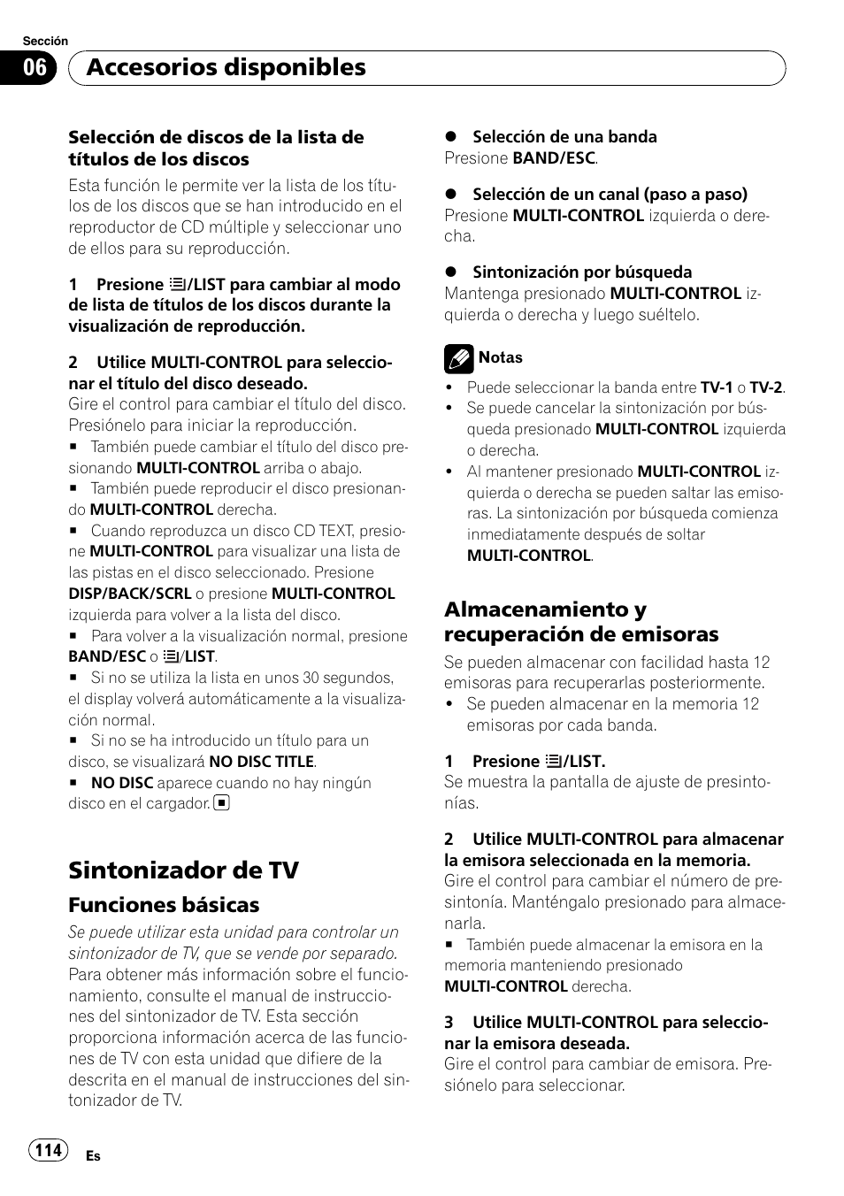 Sintonizador de tv, Funciones básicas 114, Almacenamiento y recuperación de | Emisoras, Accesorios disponibles, Funciones básicas, Almacenamiento y recuperación de emisoras | Pioneer DEH-P3100UB User Manual | Page 114 / 127