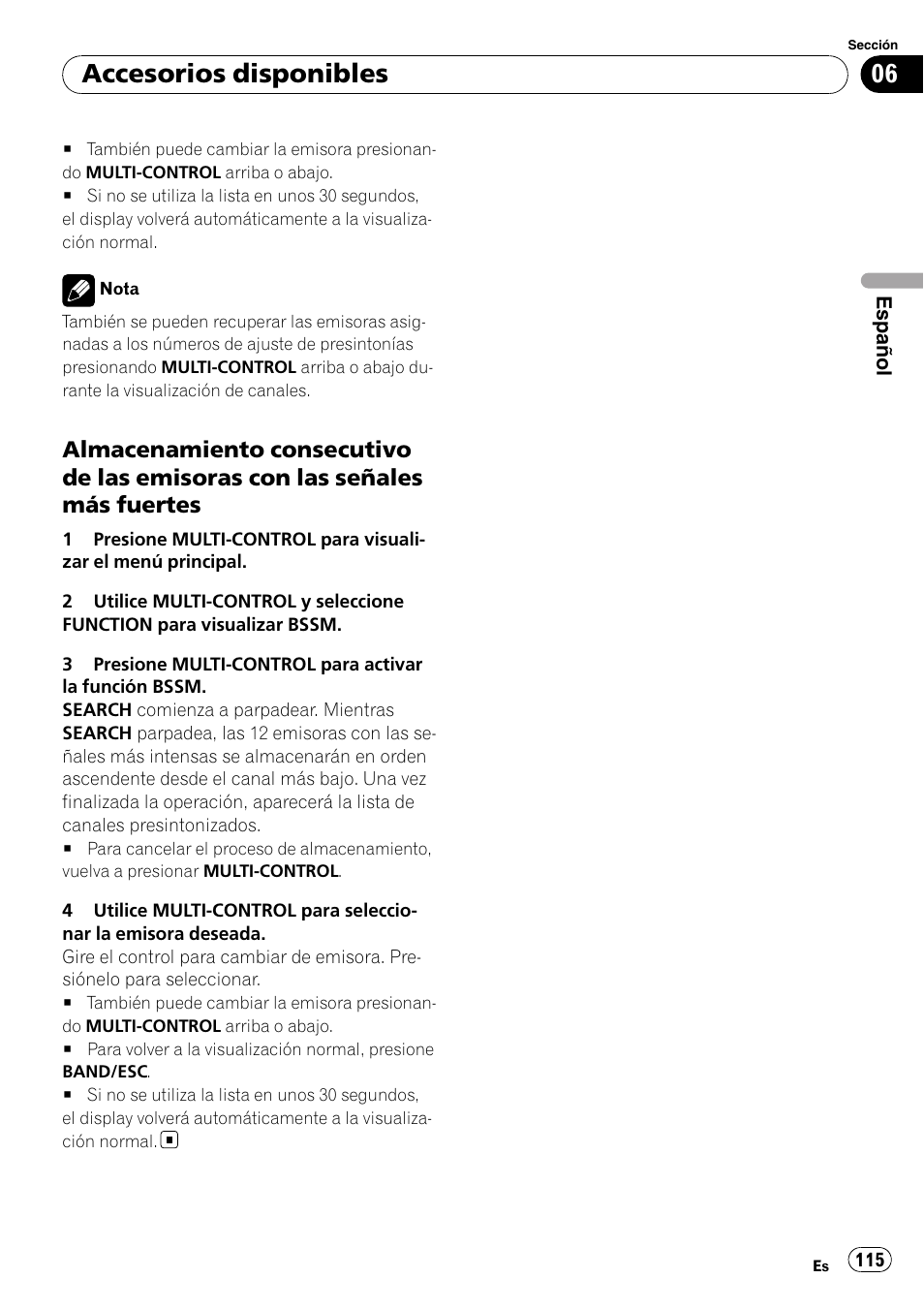Almacenamiento consecutivo de las, Emisoras con las señales más fuertes, Accesorios disponibles | Pioneer DEH-P3100UB User Manual | Page 115 / 127