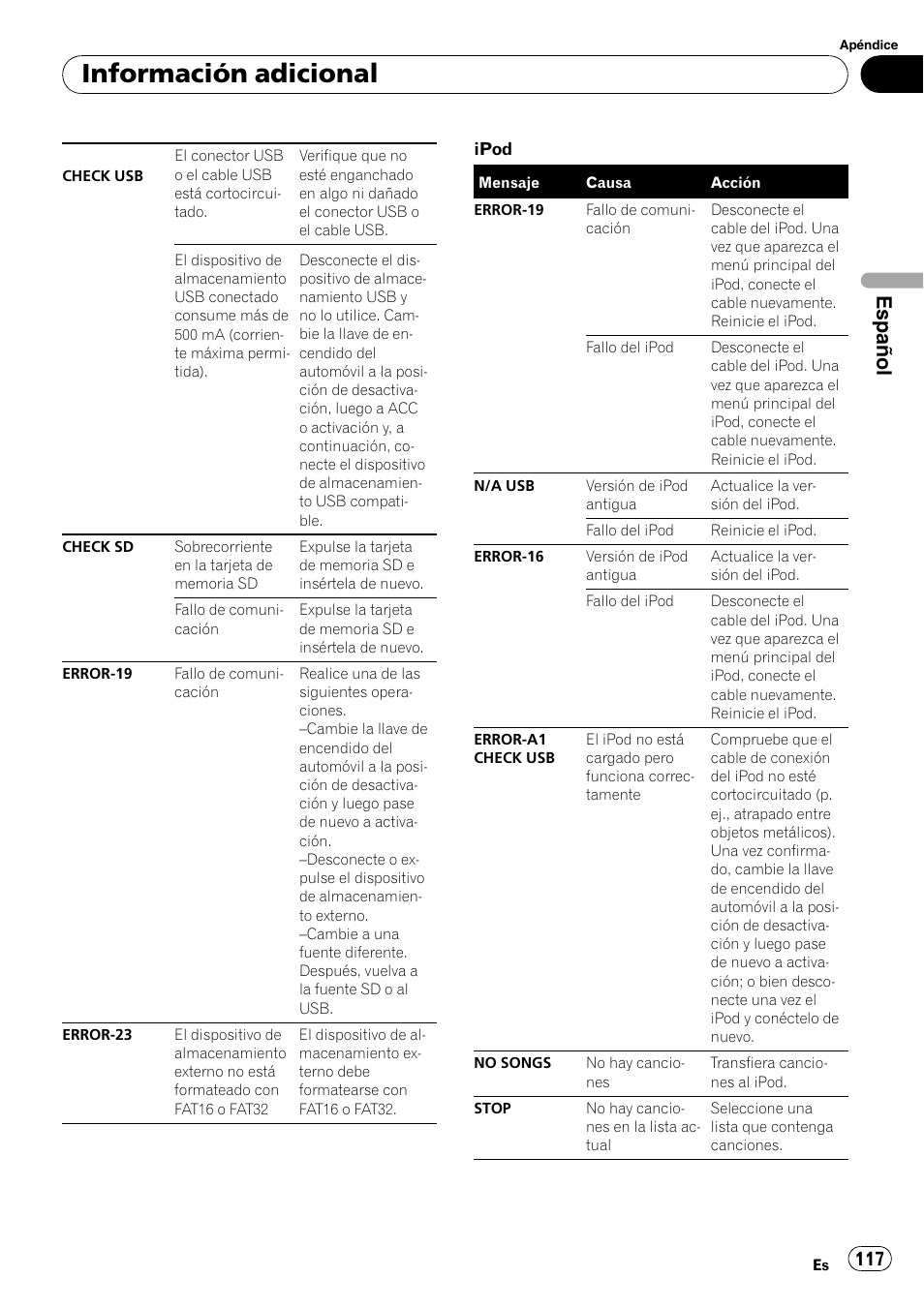 Información adicional, Español | Pioneer DEH-P3100UB User Manual | Page 117 / 127