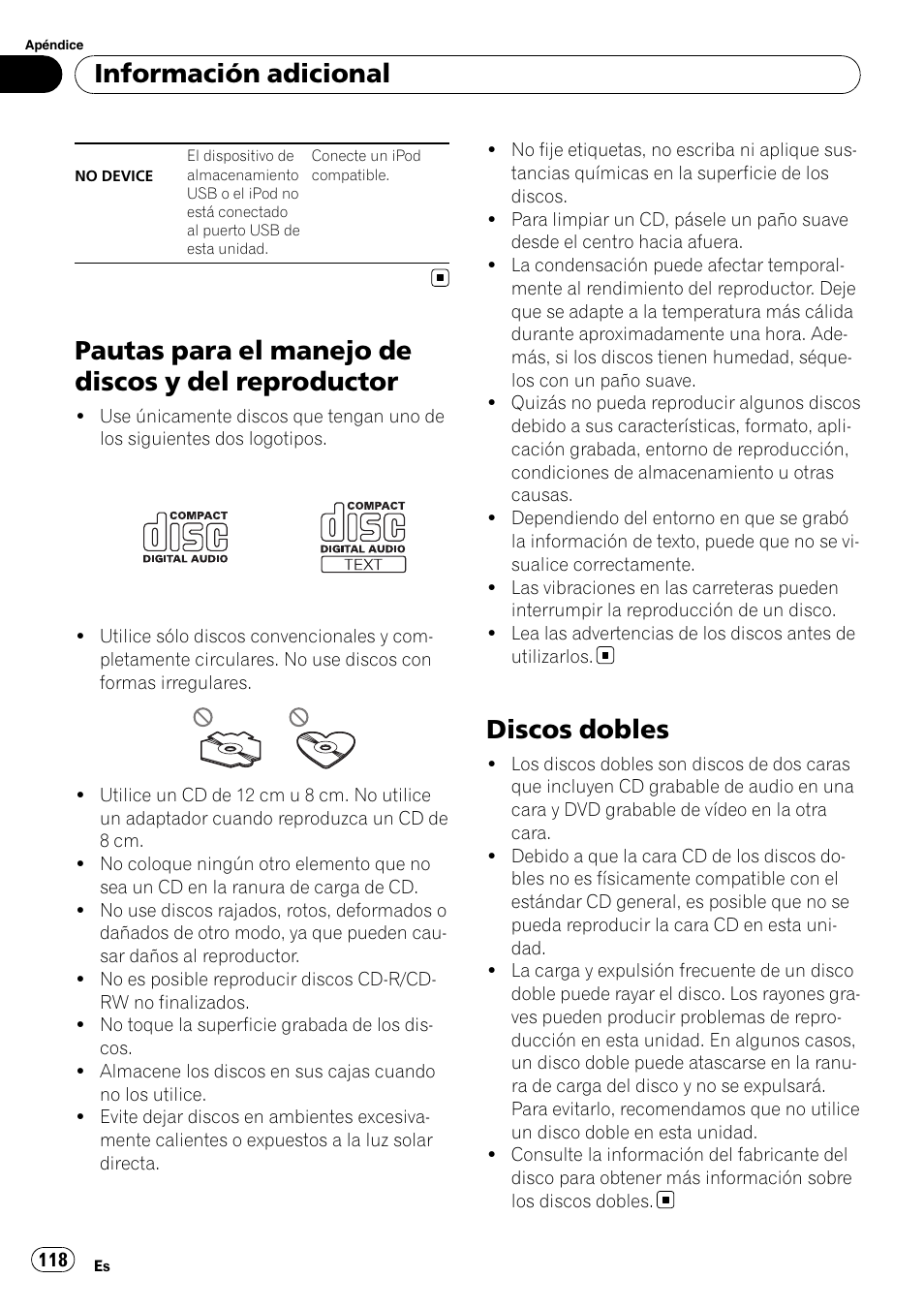 Pautas para el manejo de discos y del, Reproductor, Discos dobles | Pautas para el manejo de discos y del reproductor, Información adicional | Pioneer DEH-P3100UB User Manual | Page 118 / 127