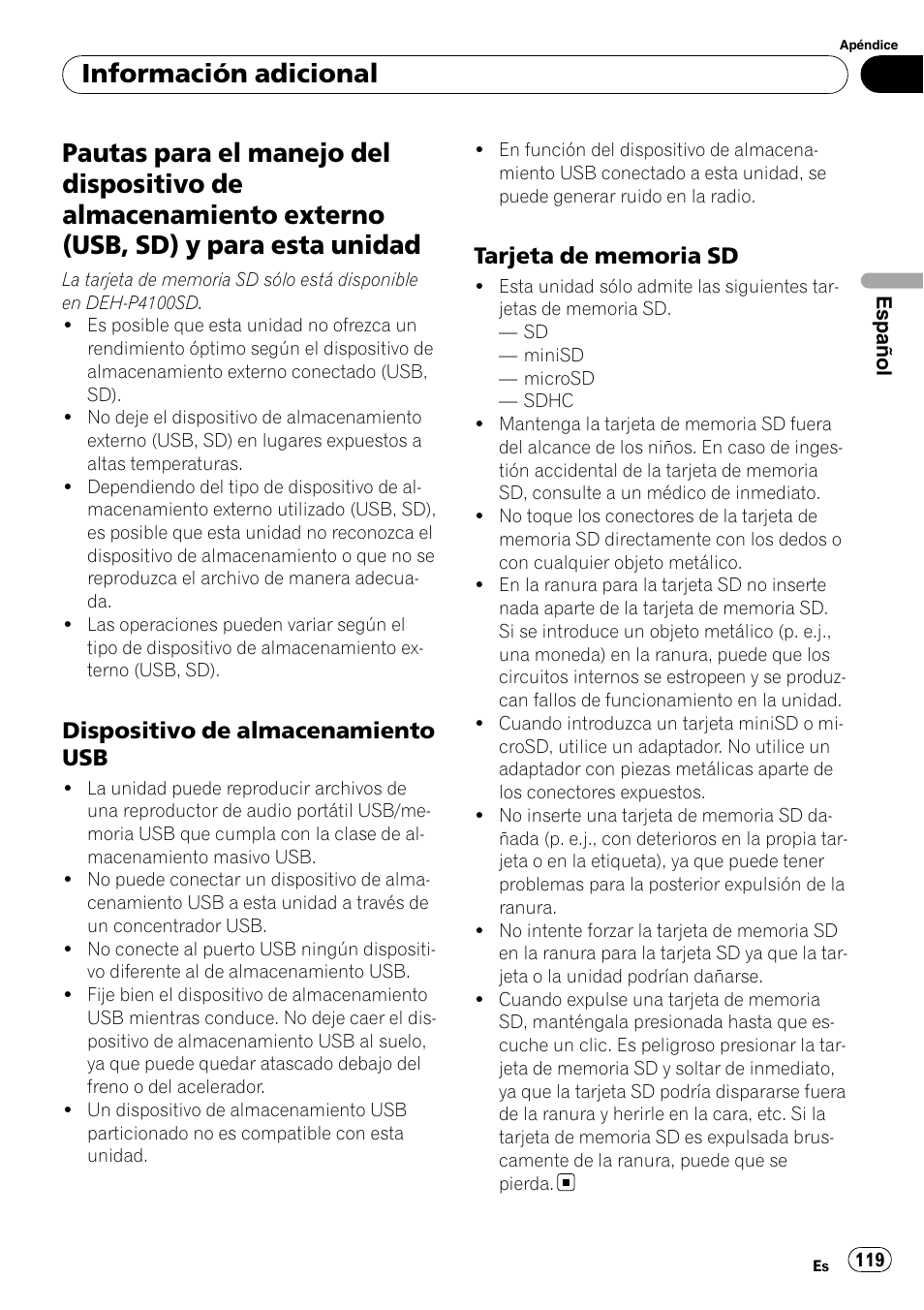 Pautas para el manejo del dispositivo de, Dispositivo de almacenamiento, Tarjeta de memoria sd 119 | Información adicional, Dispositivo de almacenamiento usb | Pioneer DEH-P3100UB User Manual | Page 119 / 127