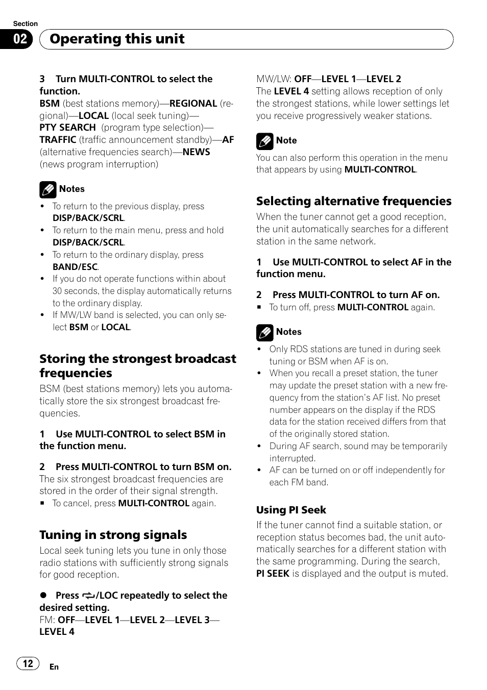 Storing the strongest broadcast, Frequencies, Tuning in strong signals 12 | Selecting alternative frequencies 12, Operating this unit, Storing the strongest broadcast frequencies, Tuning in strong signals, Selecting alternative frequencies | Pioneer DEH-P3100UB User Manual | Page 12 / 127