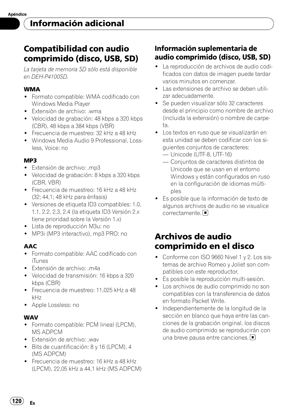 Compatibilidad con audio comprimido, Disco, usb, sd), Información suplementaria de audio | Comprimido (disco, usb, sd), Archivos de audio comprimido en el, Disco, Archivos de audio comprimido en el disco, Información adicional | Pioneer DEH-P3100UB User Manual | Page 120 / 127