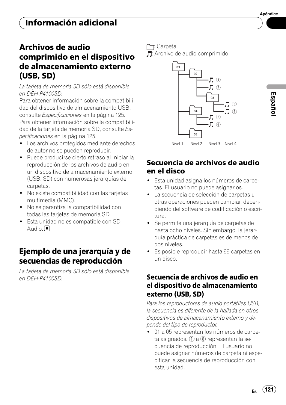 Archivos de audio comprimido en el, Dispositivo de almacenamiento externo (usb, sd), Ejemplo de una jerarquía y de secuencias de | Reproducción, Secuencia de archivos de audio en el, Disco, Información adicional, Secuencia de archivos de audio en el disco | Pioneer DEH-P3100UB User Manual | Page 121 / 127