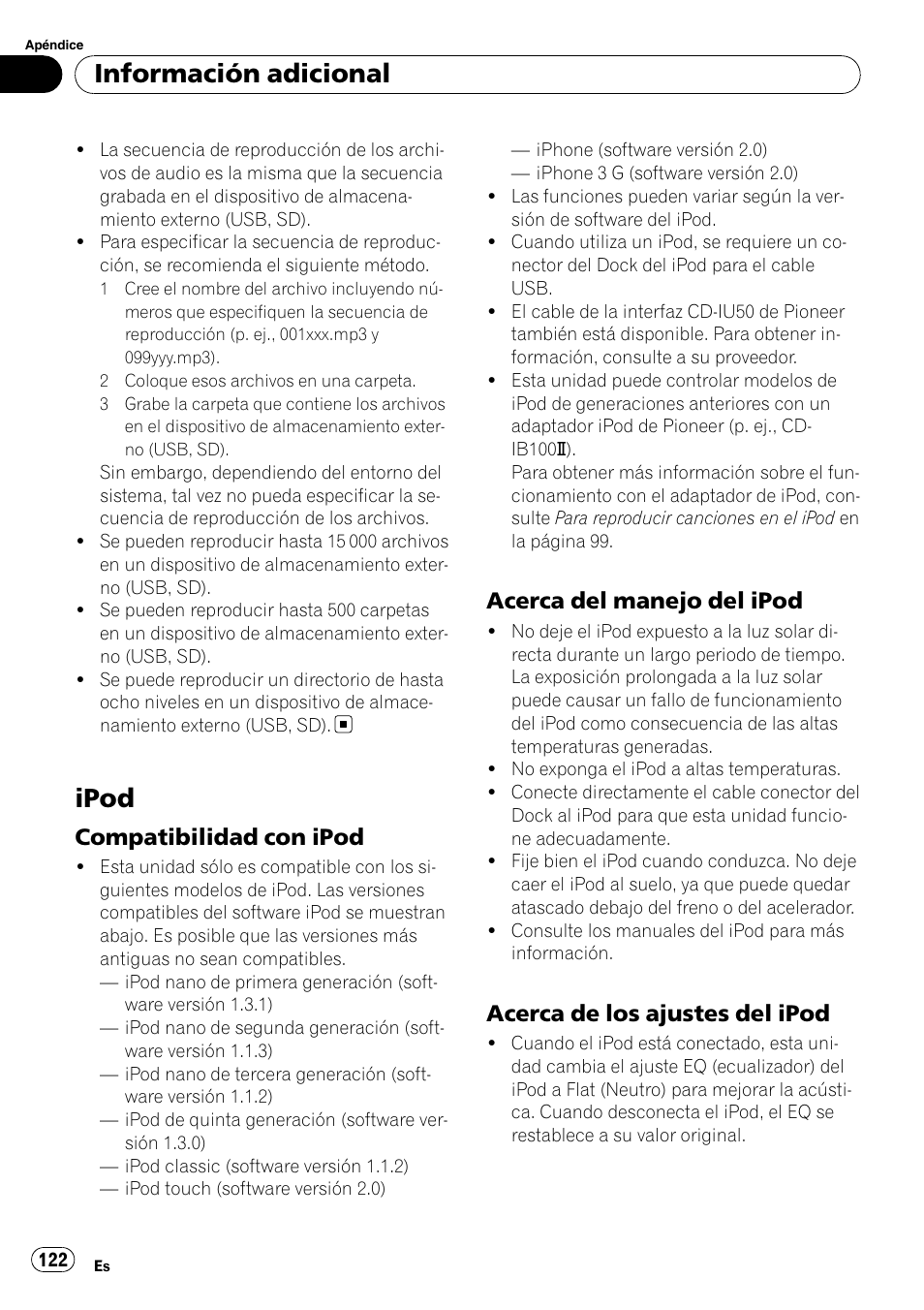 Ipod, Compatibilidad con ipod 122, Acerca del manejo del ipod 122 | Acerca de los ajustes del ipod 122, Información adicional, Compatibilidad con ipod, Acerca del manejo del ipod, Acerca de los ajustes del ipod | Pioneer DEH-P3100UB User Manual | Page 122 / 127