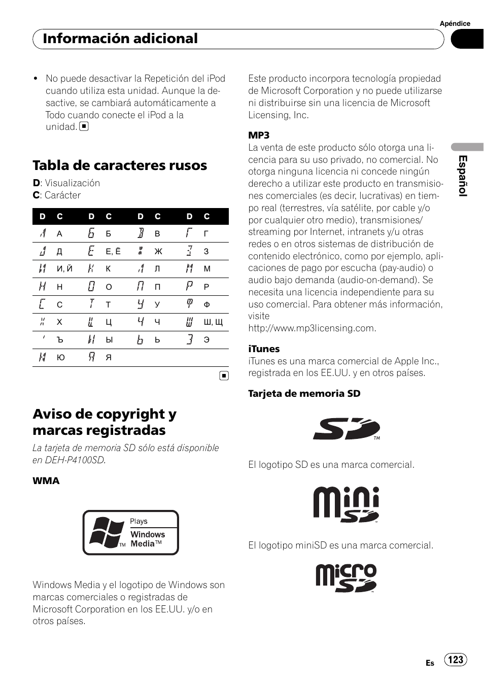 Tabla de caracteres rusos, Aviso de copyright y marcas, Registradas | Aviso de copyright y marcas registradas, Información adicional, Español | Pioneer DEH-P3100UB User Manual | Page 123 / 127