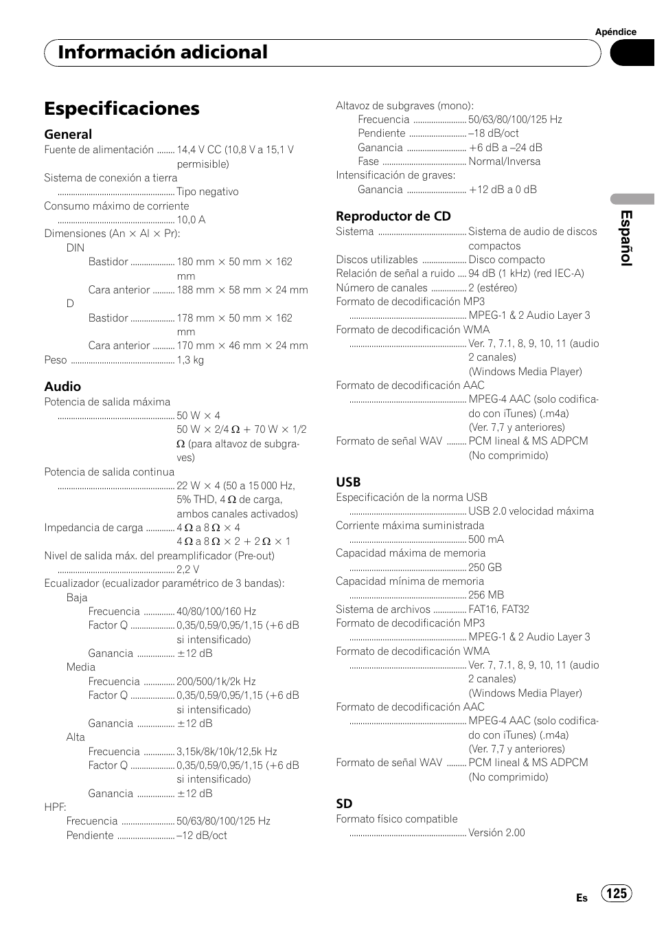 Especificaciones, Información adicional, Español | General, Audio, Reproductor de cd | Pioneer DEH-P3100UB User Manual | Page 125 / 127