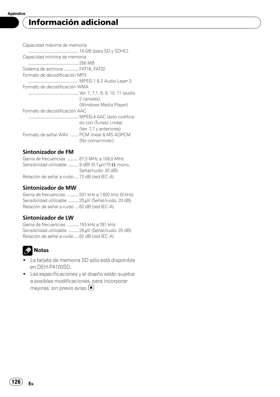 Información adicional | Pioneer DEH-P3100UB User Manual | Page 126 / 127