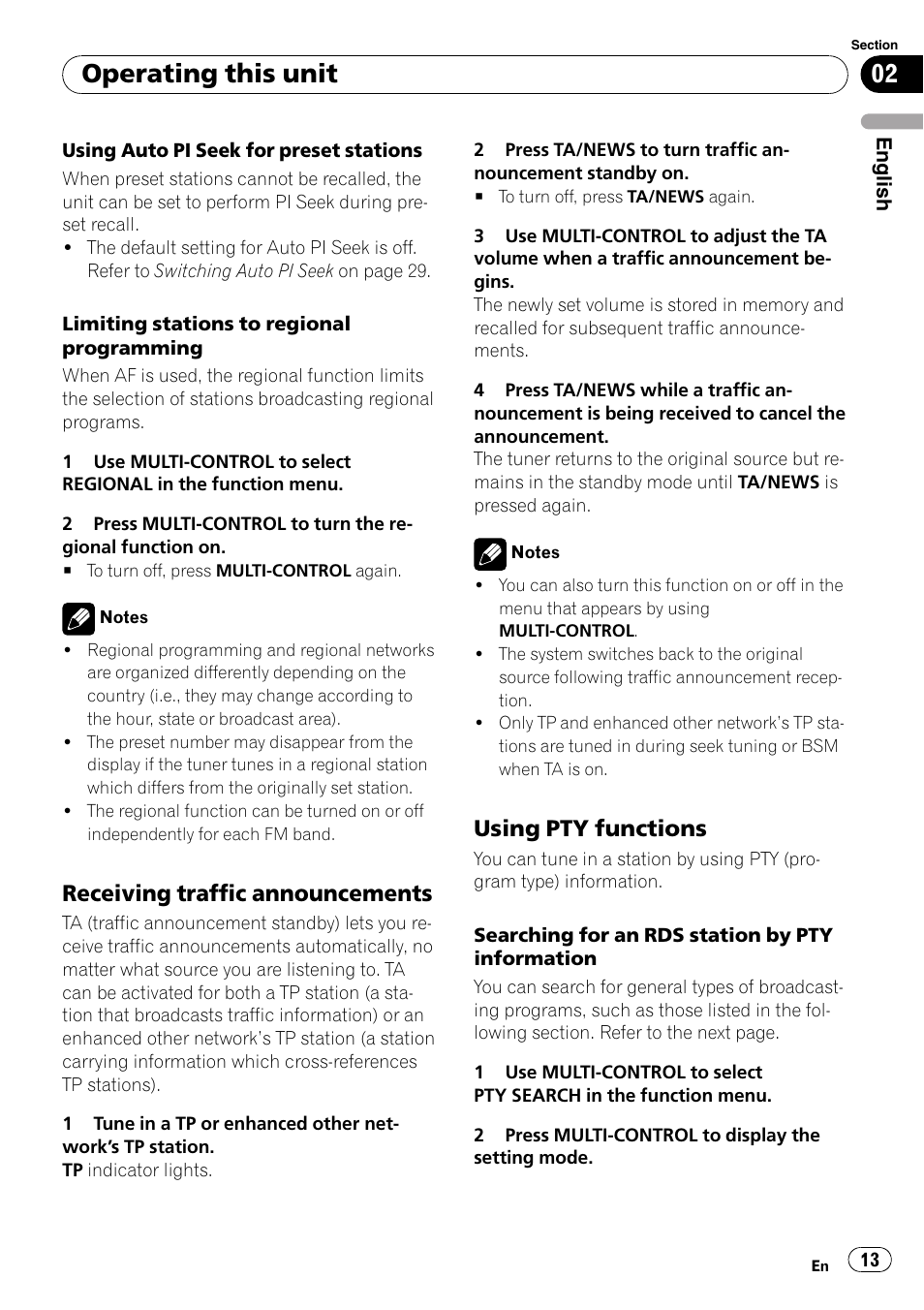 Receiving traffic announcements 13, Using pty functions 13, Operating this unit | Receiving traffic announcements, Using pty functions | Pioneer DEH-P3100UB User Manual | Page 13 / 127