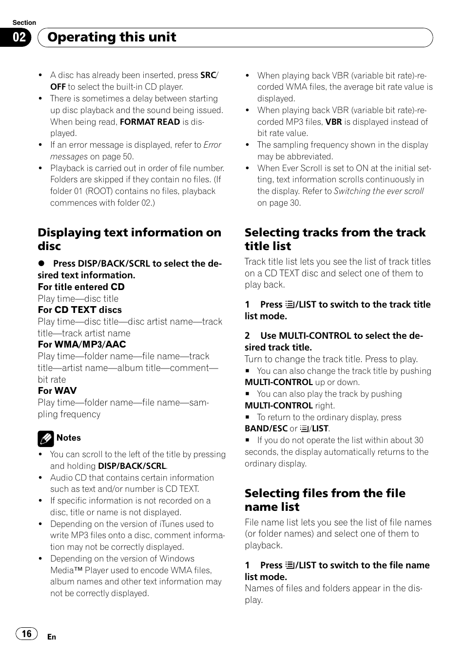 Displaying text information on disc 16, Selecting tracks from the track title, List | Selecting files from the file name, Operating this unit, Displaying text information on disc, Selecting tracks from the track title list, Selecting files from the file name list | Pioneer DEH-P3100UB User Manual | Page 16 / 127
