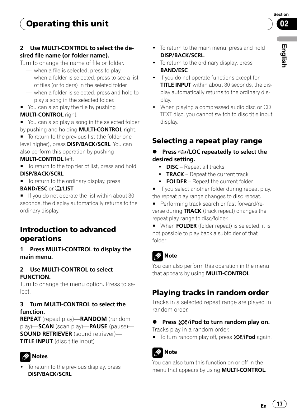 Introduction to advanced, Operations, Selecting a repeat play range 17 | Playing tracks in random order 17, Operating this unit, Introduction to advanced operations, Selecting a repeat play range, Playing tracks in random order | Pioneer DEH-P3100UB User Manual | Page 17 / 127