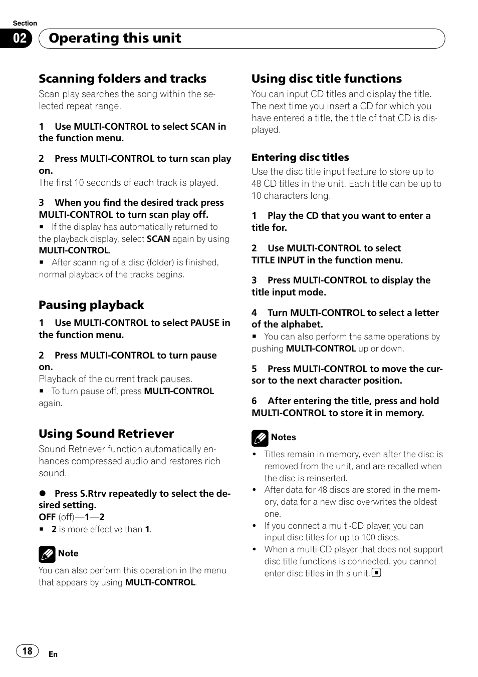 Scanning folders and tracks 18, Pausing playback 18, Using sound retriever 18 | Using disc title functions 18, Operating this unit, Scanning folders and tracks, Pausing playback, Using sound retriever, Using disc title functions | Pioneer DEH-P3100UB User Manual | Page 18 / 127