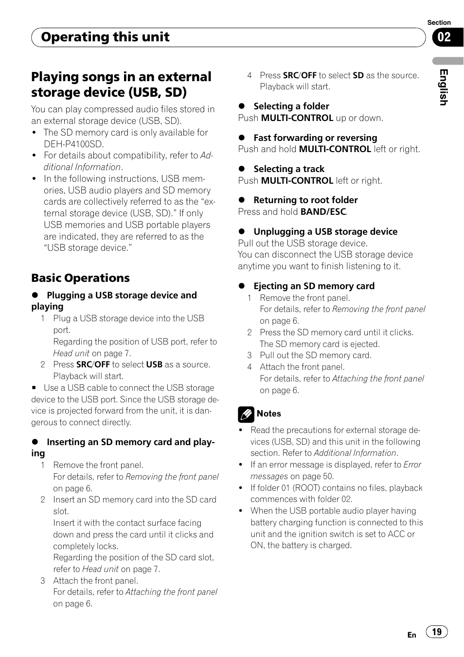 Playing songs in an external storage device, Usb, sd), Basic operations 19 | Operating this unit, Basic operations | Pioneer DEH-P3100UB User Manual | Page 19 / 127