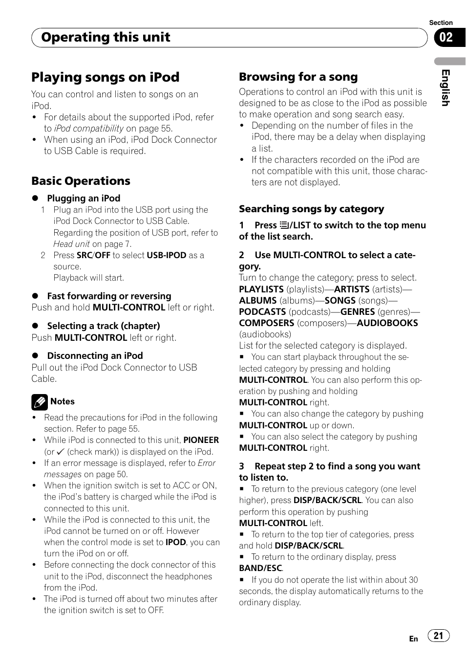 Playing songs on ipod, Basic operations 21, Browsing for a song 21 | Operating this unit, Basic operations, Browsing for a song | Pioneer DEH-P3100UB User Manual | Page 21 / 127