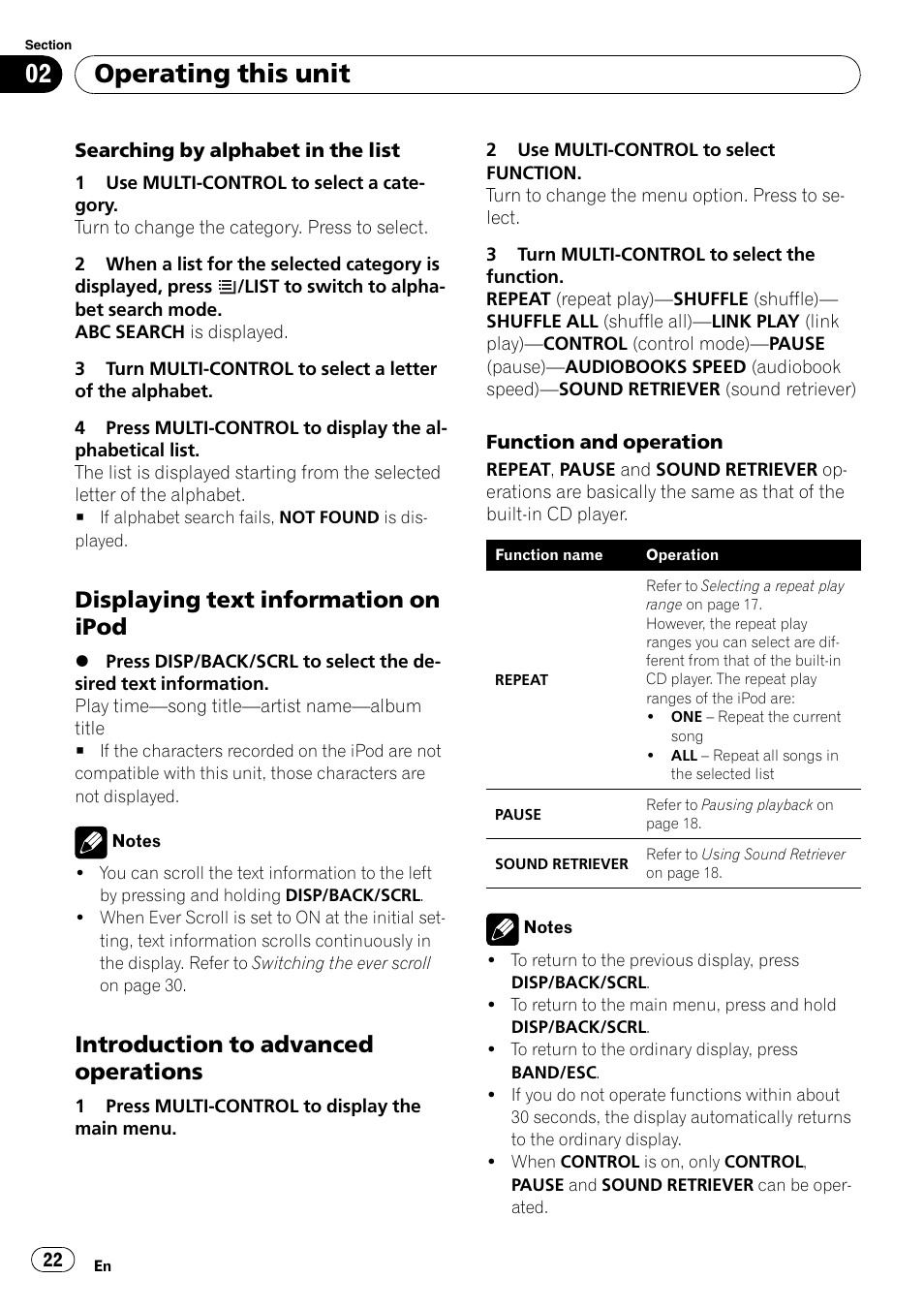 Displaying text information on, Ipod, Introduction to advanced | Operations, Operating this unit, Displaying text information on ipod, Introduction to advanced operations | Pioneer DEH-P3100UB User Manual | Page 22 / 127