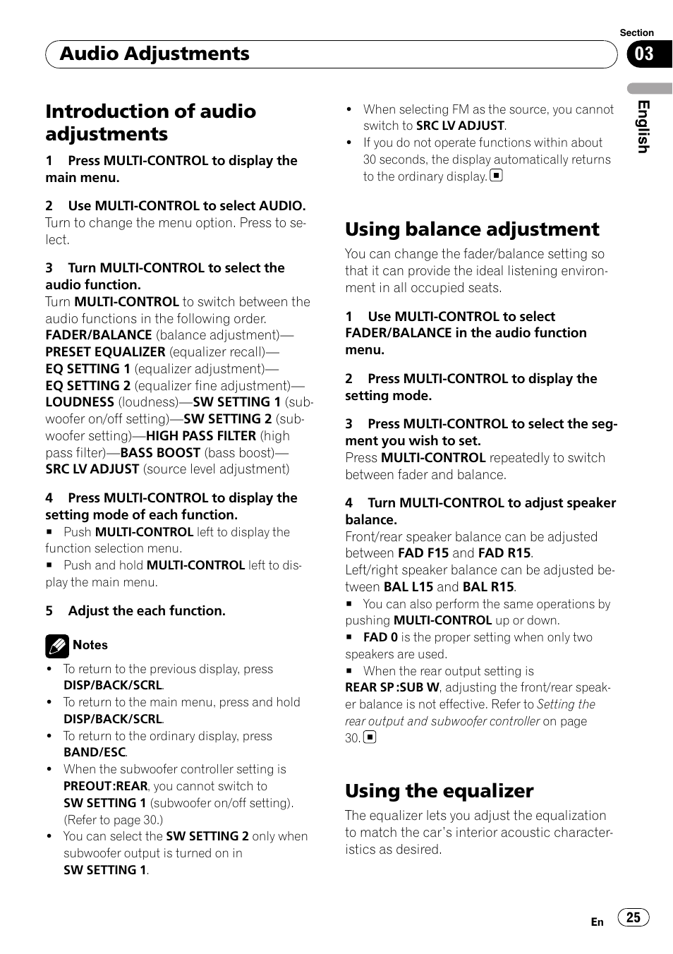 Using balance adjustment, Using the equalizer, Introduction of audio adjustments | Audio adjustments | Pioneer DEH-P3100UB User Manual | Page 25 / 127