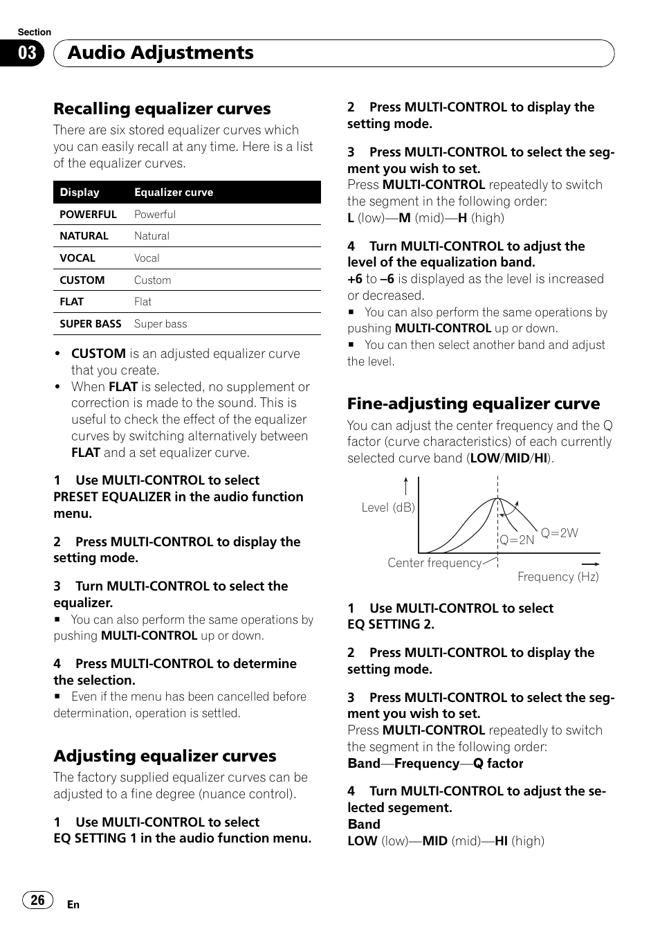 Recalling equalizer curves 26, Adjusting equalizer curves 26, Fine-adjusting equalizer curve 26 | Audio adjustments, Recalling equalizer curves, Adjusting equalizer curves, Fine-adjusting equalizer curve | Pioneer DEH-P3100UB User Manual | Page 26 / 127