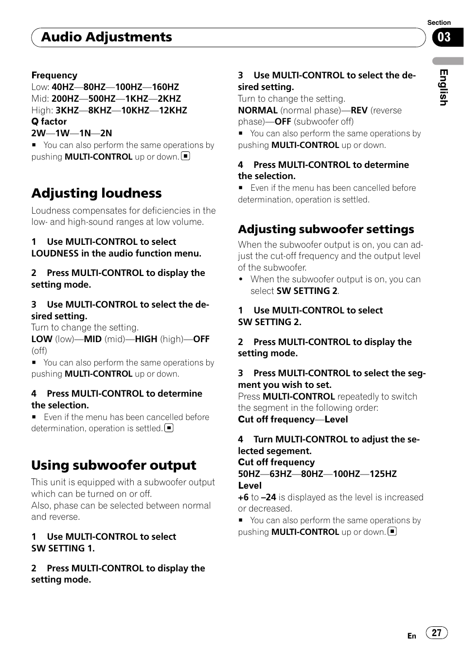 Adjusting loudness, Using subwoofer output, Adjusting subwoofer settings 27 | Audio adjustments, Adjusting subwoofer settings | Pioneer DEH-P3100UB User Manual | Page 27 / 127