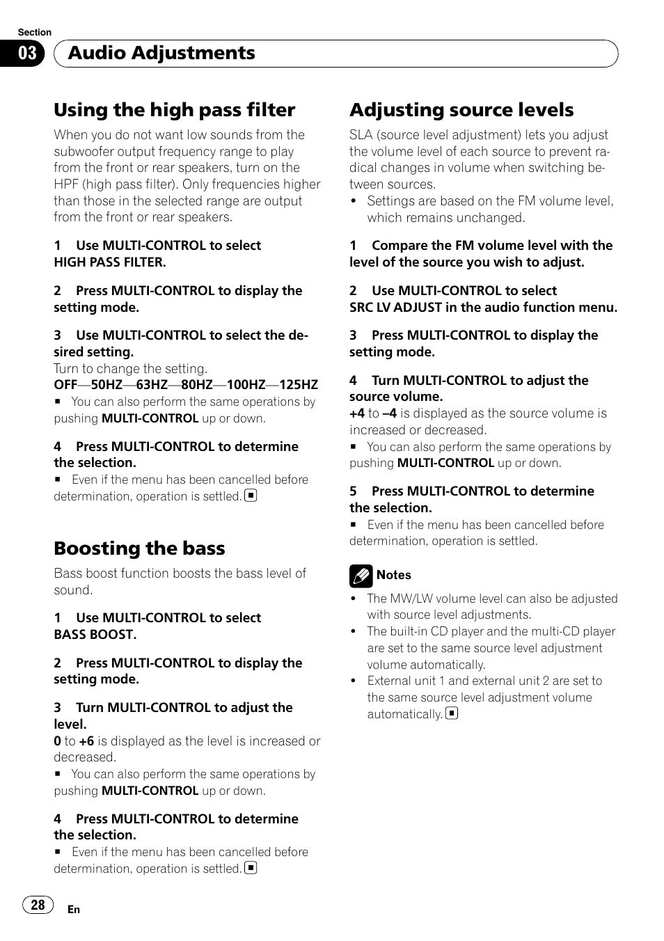 Using the high pass filter, Boosting the bass, Adjusting source levels | Audio adjustments | Pioneer DEH-P3100UB User Manual | Page 28 / 127