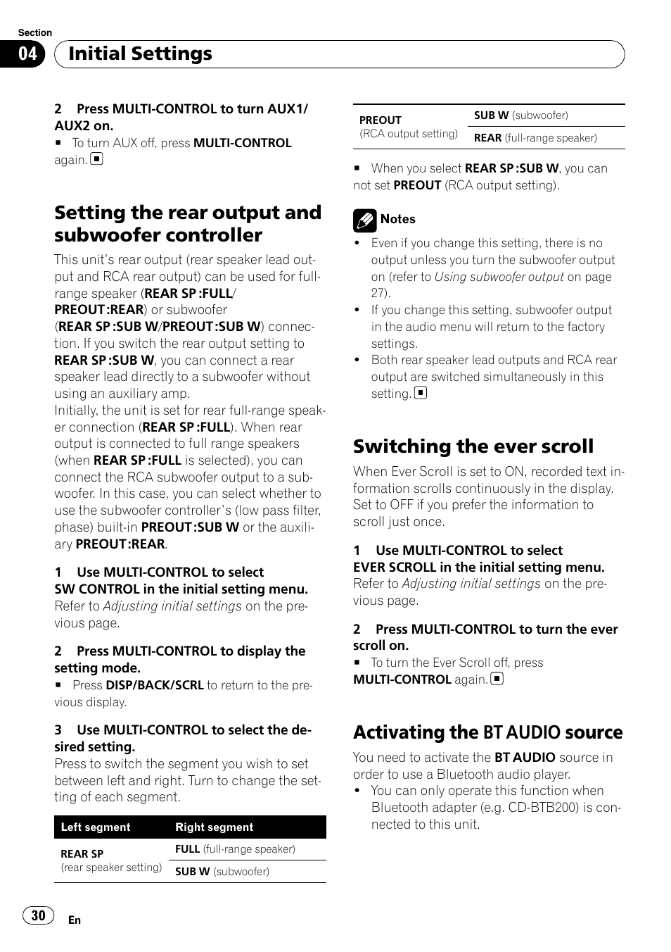 Setting the rear output and subwoofer, Controller, Switching the ever scroll | Activating the bt audio source, Setting the rear output and subwoofer controller, Initial settings | Pioneer DEH-P3100UB User Manual | Page 30 / 127