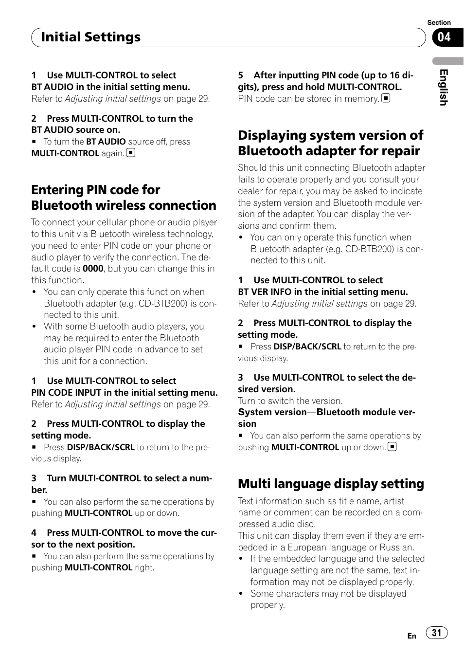 Entering pin code for bluetooth wireless, Connection, Displaying system version of bluetooth | Adapter for repair, Multi language display setting, Initial settings | Pioneer DEH-P3100UB User Manual | Page 31 / 127