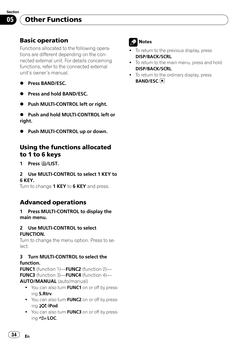 Basic operation 34, Using the functions allocated to 1 to 6, Keys | Advanced operations 34, Other functions, Basic operation, Using the functions allocated to 1 to 6 keys, Advanced operations | Pioneer DEH-P3100UB User Manual | Page 34 / 127