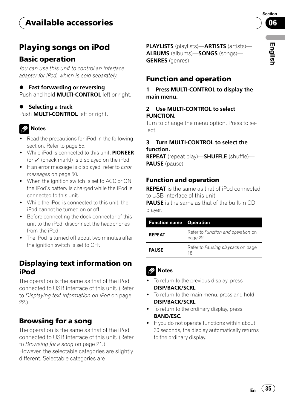 Available accessories playing songs on ipod, Basic operation 35, Displaying text information on | Ipod, Browsing for a song 35, Function and operation 35, Playing songs on ipod, Available accessories, Basic operation, Displaying text information on ipod | Pioneer DEH-P3100UB User Manual | Page 35 / 127