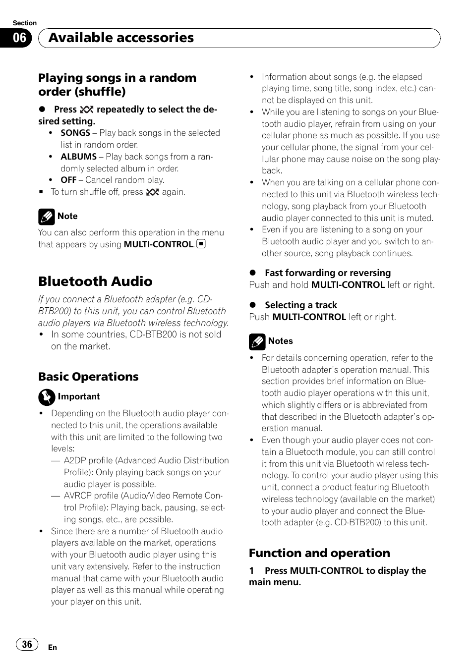 Playing songs in a random order, Shuffle), Bluetooth audio | Basic operations 36, Function and operation 36, Available accessories, Playing songs in a random order (shuffle), Basic operations, Function and operation | Pioneer DEH-P3100UB User Manual | Page 36 / 127