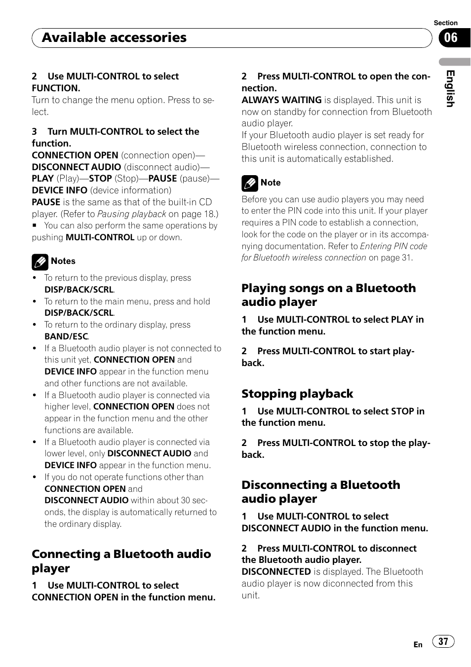 Connecting a bluetooth audio, Player, Playing songs on a bluetooth audio | Stopping playback 37, Disconnecting a bluetooth audio, Available accessories, Connecting a bluetooth audio player, Playing songs on a bluetooth audio player, Stopping playback, Disconnecting a bluetooth audio player | Pioneer DEH-P3100UB User Manual | Page 37 / 127