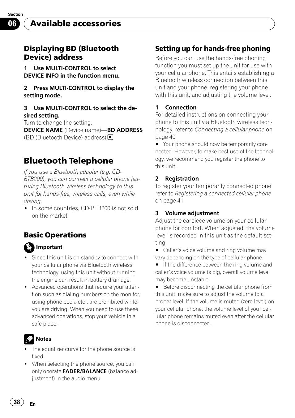 Displaying bd (bluetooth device), Address, Bluetooth telephone | Basic operations 38, Setting up for hands-free phoning 38, Available accessories, Displaying bd (bluetooth device) address, Basic operations, Setting up for hands-free phoning | Pioneer DEH-P3100UB User Manual | Page 38 / 127