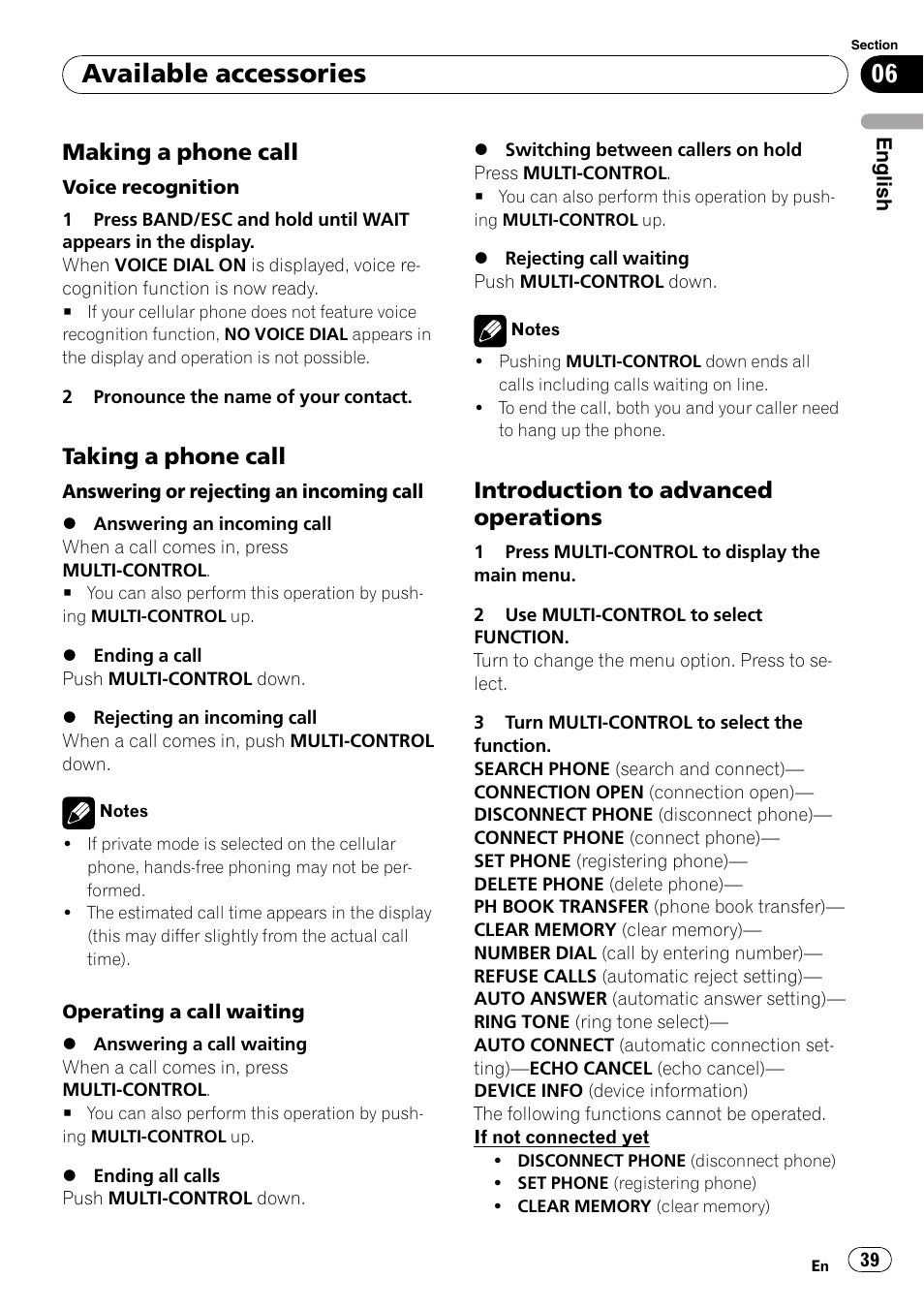 Making a phone call 39, Taking a phone call 39, Introduction to advanced | Operations, Available accessories, Making a phone call, Taking a phone call, Introduction to advanced operations | Pioneer DEH-P3100UB User Manual | Page 39 / 127