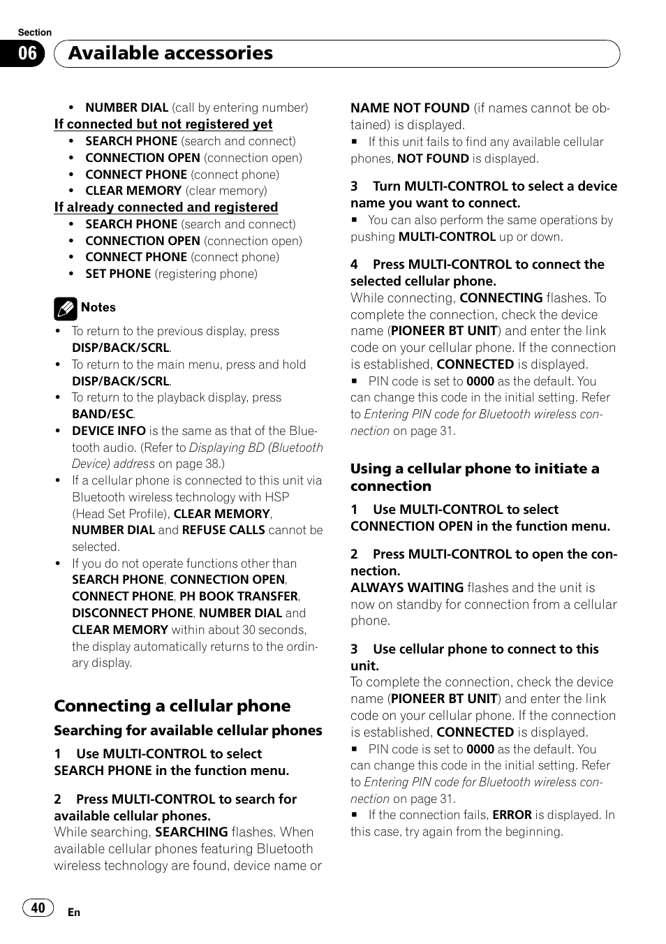 Connecting a cellular phone 40, Available accessories, Connecting a cellular phone | Pioneer DEH-P3100UB User Manual | Page 40 / 127