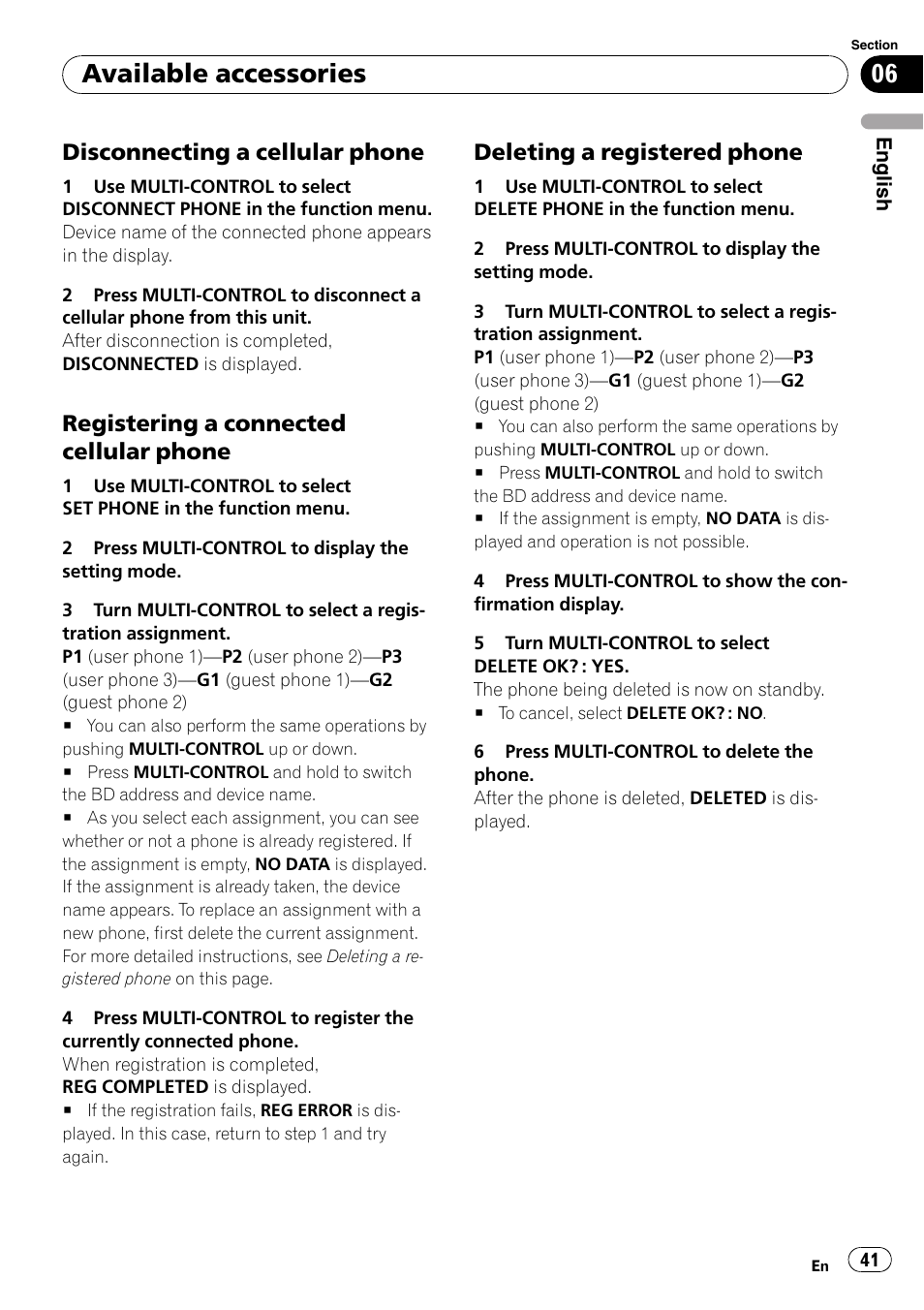 Disconnecting a cellular phone 41, Registering a connected cellular, Phone | Deleting a registered phone 41, Available accessories, Disconnecting a cellular phone, Registering a connected cellular phone, Deleting a registered phone | Pioneer DEH-P3100UB User Manual | Page 41 / 127
