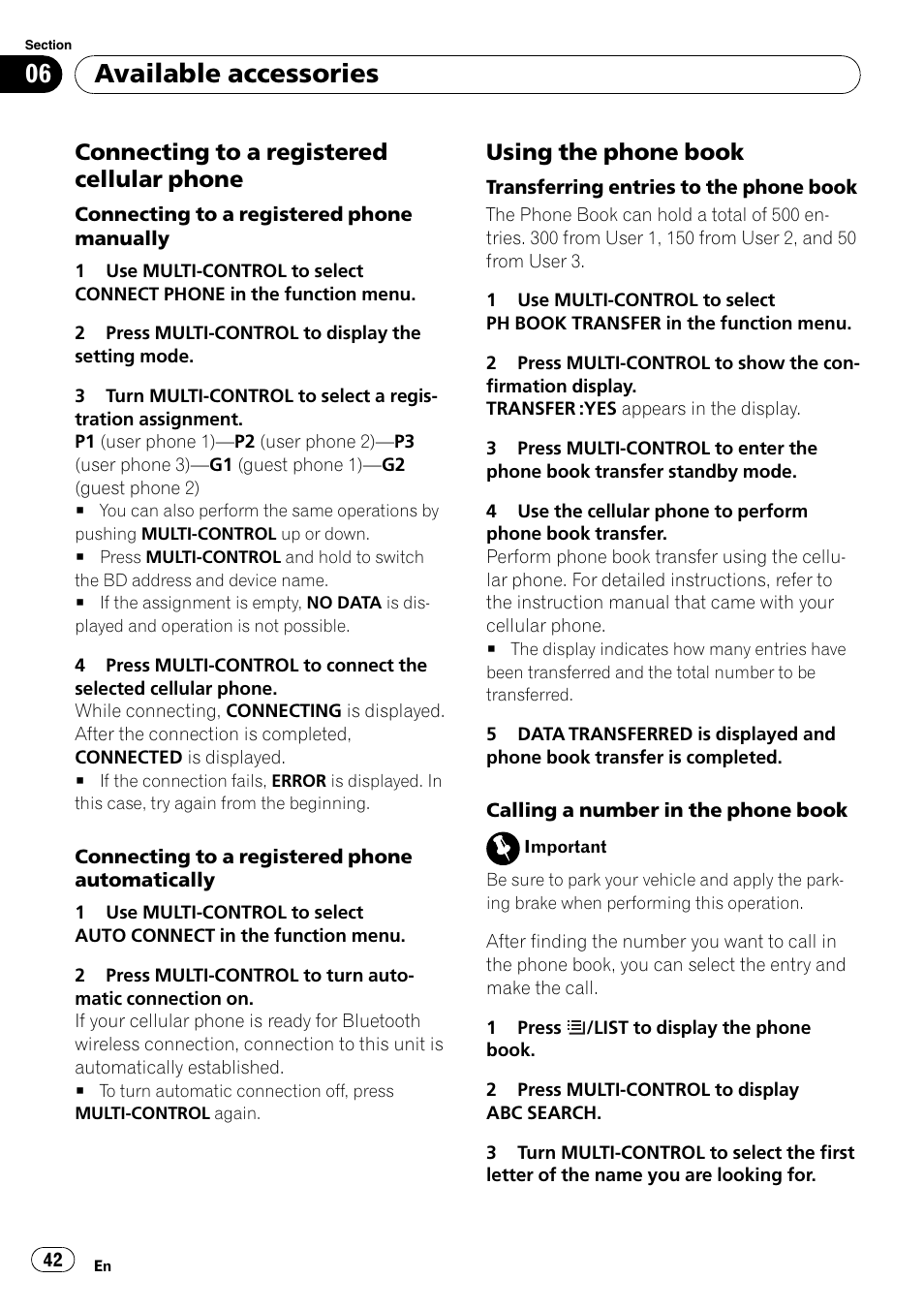 Connecting to a registered cellular, Phone, Using the phone book 42 | Available accessories, Connecting to a registered cellular phone, Using the phone book | Pioneer DEH-P3100UB User Manual | Page 42 / 127