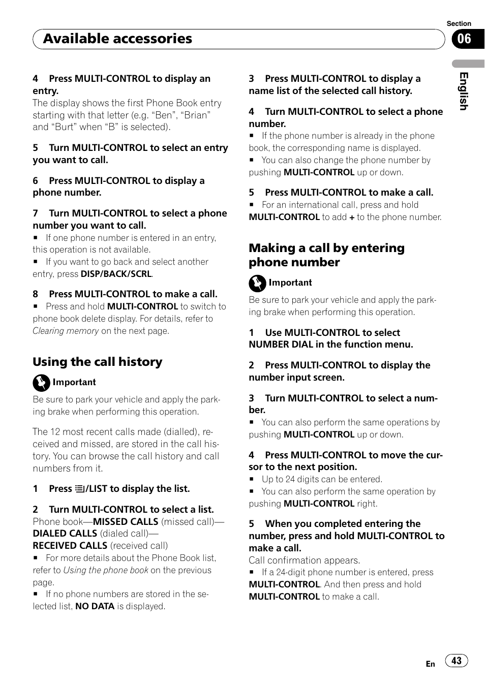 Using the call history 43, Making a call by entering phone, Number | Available accessories, Using the call history, Making a call by entering phone number | Pioneer DEH-P3100UB User Manual | Page 43 / 127