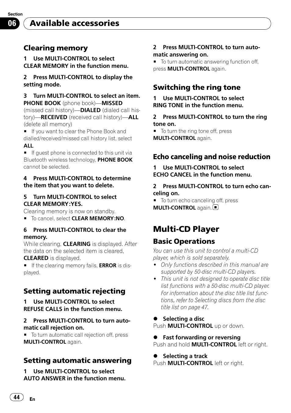 Clearing memory 44, Setting automatic rejecting 44, Setting automatic answering 44 | Switching the ring tone 44, Echo canceling and noise, Reduction, Multi-cd player, Basic operations 44, Available accessories, Setting automatic rejecting | Pioneer DEH-P3100UB User Manual | Page 44 / 127