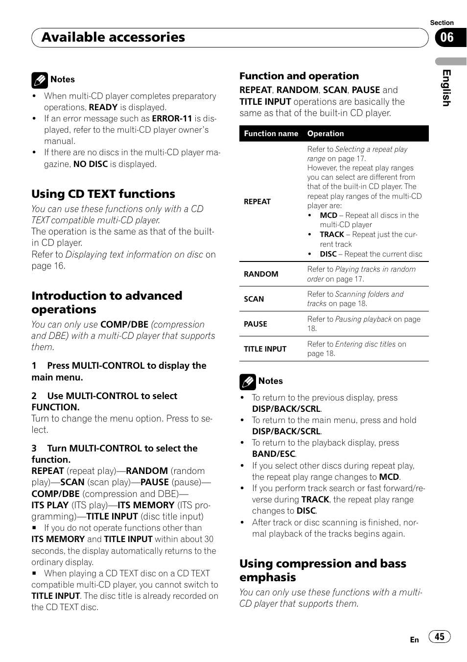 Using cd text functions 45, Introduction to advanced, Operations | Using compression and bass, Emphasis, Available accessories, Using cd text functions, Introduction to advanced operations, Using compression and bass emphasis | Pioneer DEH-P3100UB User Manual | Page 45 / 127