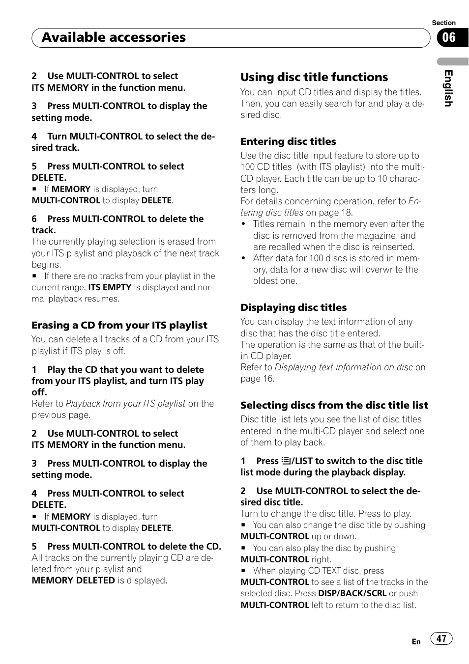 Using disc title functions 47, Available accessories, Using disc title functions | Pioneer DEH-P3100UB User Manual | Page 47 / 127