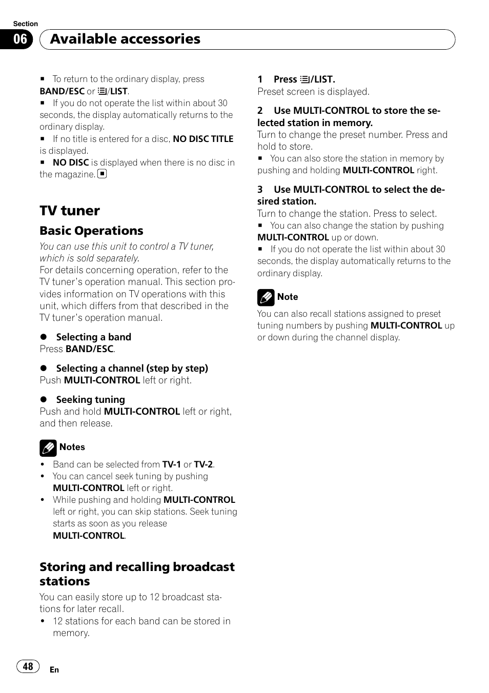 Tv tuner, Basic operations 48, Storing and recalling broadcast | Stations, Available accessories, Basic operations, Storing and recalling broadcast stations | Pioneer DEH-P3100UB User Manual | Page 48 / 127