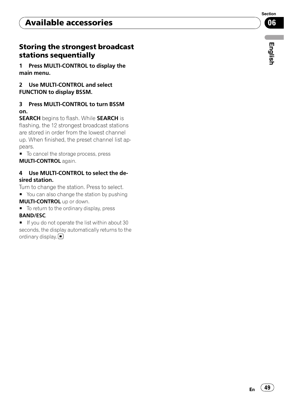 Storing the strongest broadcast, Stations sequentially, Available accessories | Pioneer DEH-P3100UB User Manual | Page 49 / 127