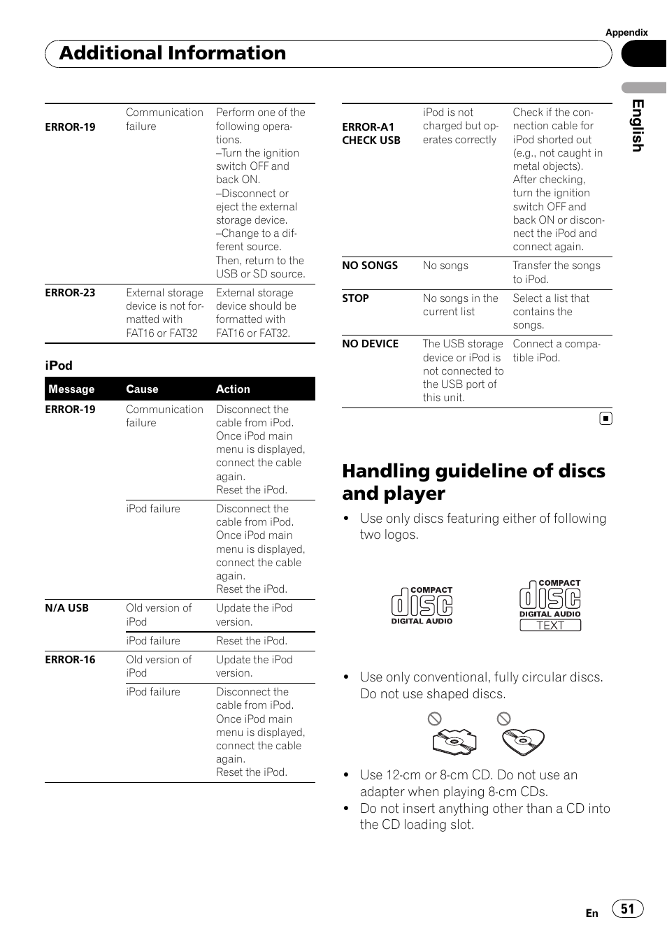 Handling guideline of discs and player, Additional information, English | Pioneer DEH-P3100UB User Manual | Page 51 / 127