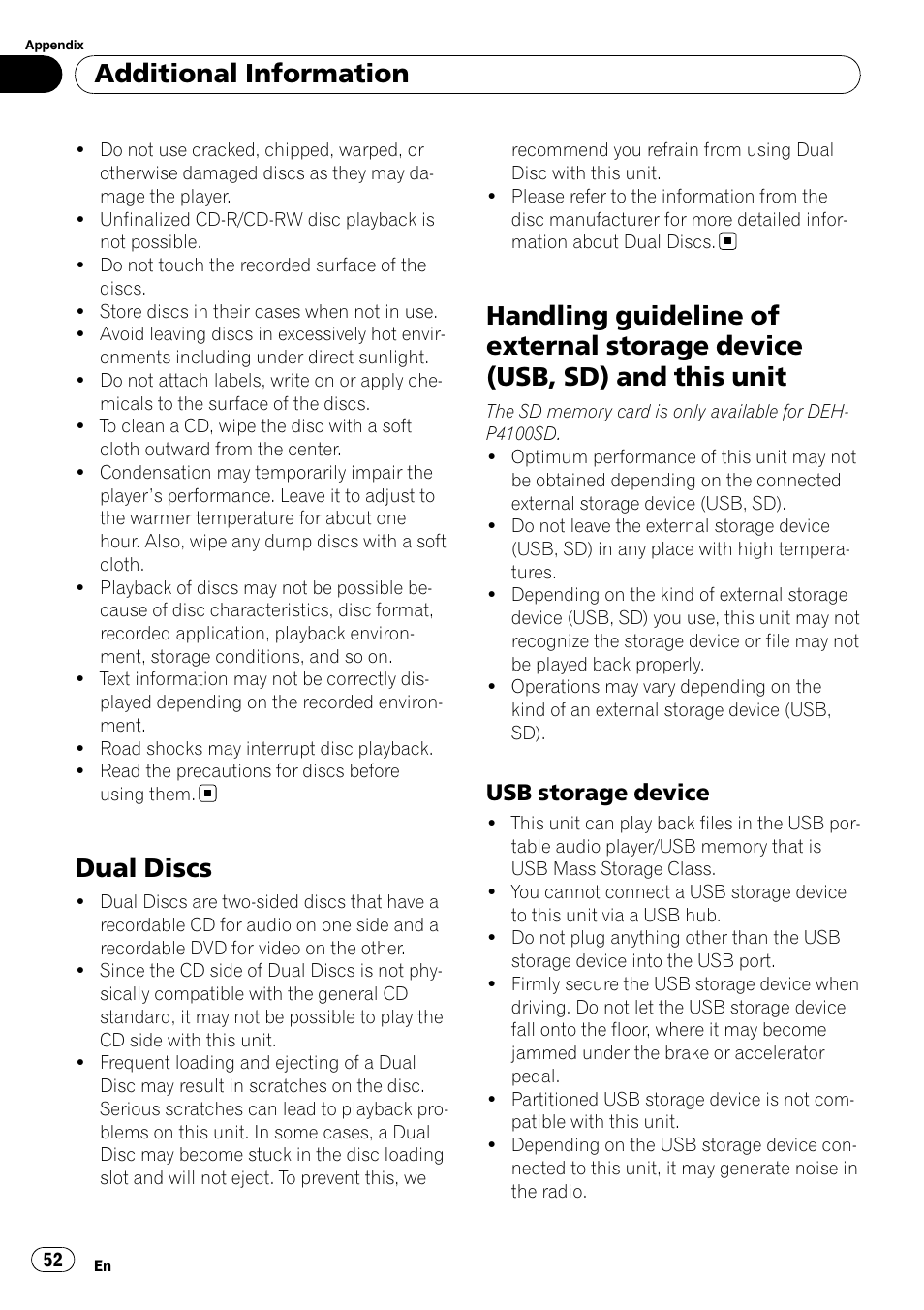 Dual discs, Handling guideline of external storage device, Usb, sd) and this unit | Usb storage device 52, Additional information, Usb storage device | Pioneer DEH-P3100UB User Manual | Page 52 / 127