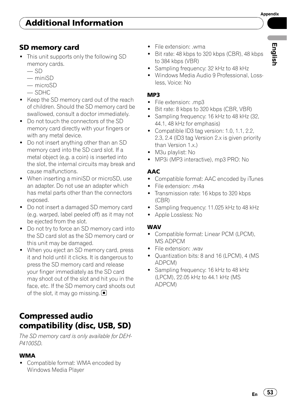 Sd memory card 53, Compressed audio compatibility (disc, usb, Compressed audio compatibility (disc, usb, sd) | Additional information | Pioneer DEH-P3100UB User Manual | Page 53 / 127