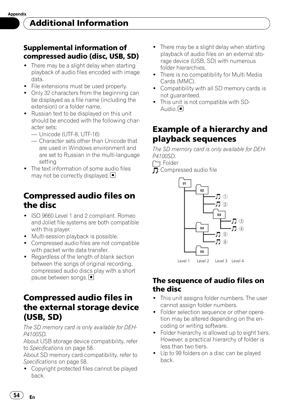 Supplemental information of, Compressed audio (disc, usb, sd), Compressed audio files on the disc | Compressed audio files in the external, Storage device (usb, sd), Example of a hierarchy and playback, Sequences, The sequence of audio files on the, Disc, Example of a hierarchy and playback sequences | Pioneer DEH-P3100UB User Manual | Page 54 / 127