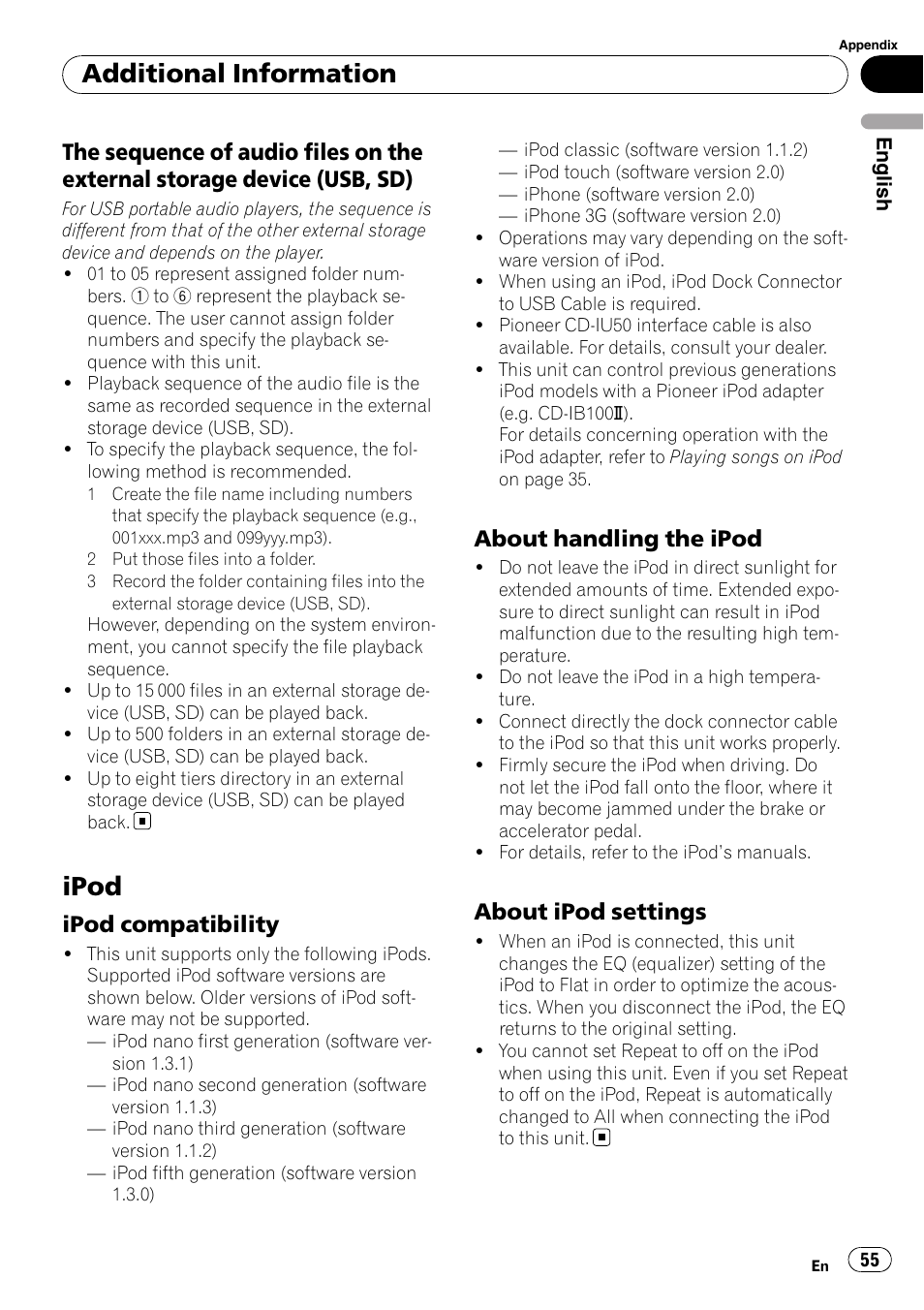 The sequence of audio files on the, External storage device (usb, sd), Ipod | Ipod compatibility 55, About handling the ipod 55, About ipod settings 55, Additional information, Ipod compatibility, About handling the ipod, About ipod settings | Pioneer DEH-P3100UB User Manual | Page 55 / 127